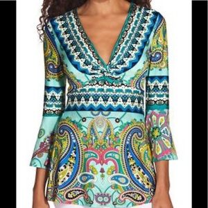 Boston Proper Boarder Print Flare Sleeve Twist Top